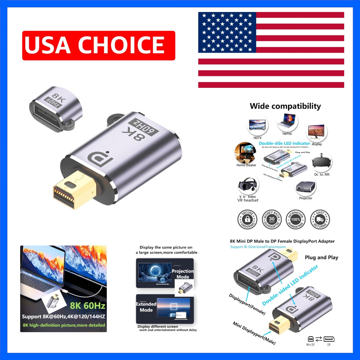 Mini DP to DP Adapter Mini DisplayPort 1.4 Adapter 8K@60Hzr | Mini DP Male to...