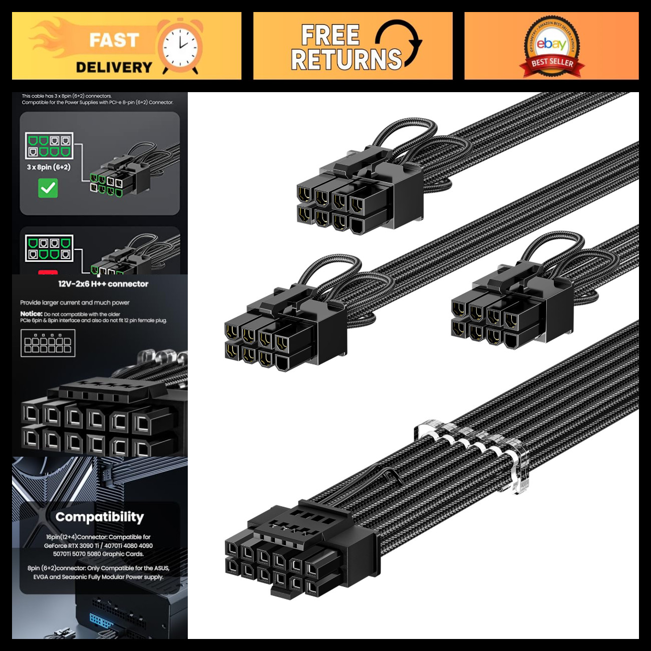 600W PCIe 5.1 GPU Power Cable 16pin (12+4) 12VHPWR for Graphics Card - Black