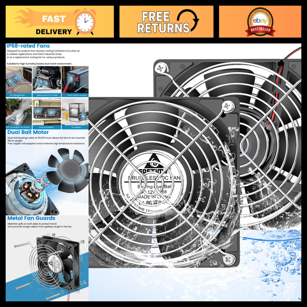 IP68 Waterproof 120mm x 25mm High-Speed Fan - 12V DC, Dual Ball Bearings, Quiet