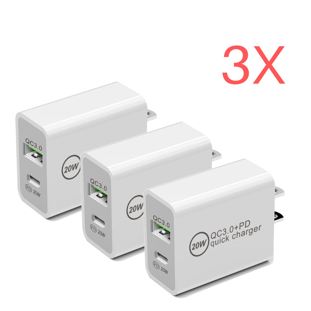 3X 20W PD QC Plug Power Adapter USB C Fast Charger Cable Lot For Android Samsung