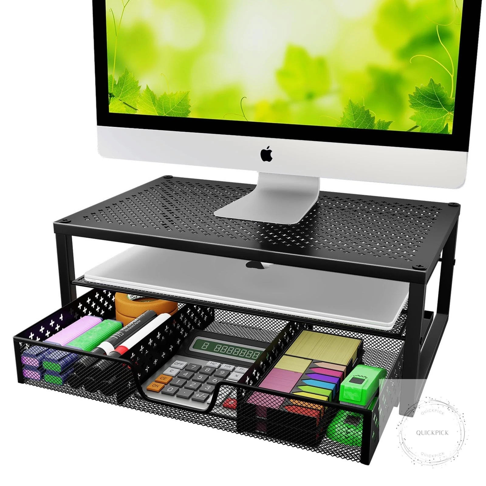 Metal Monitor Stand Riser and Computer Desk Organizer with Drawer for Laptop