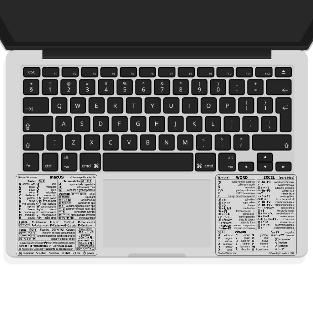 Synerlogic Mac OS and Word Excel Shortcuts Stickers Clear Black Spanish