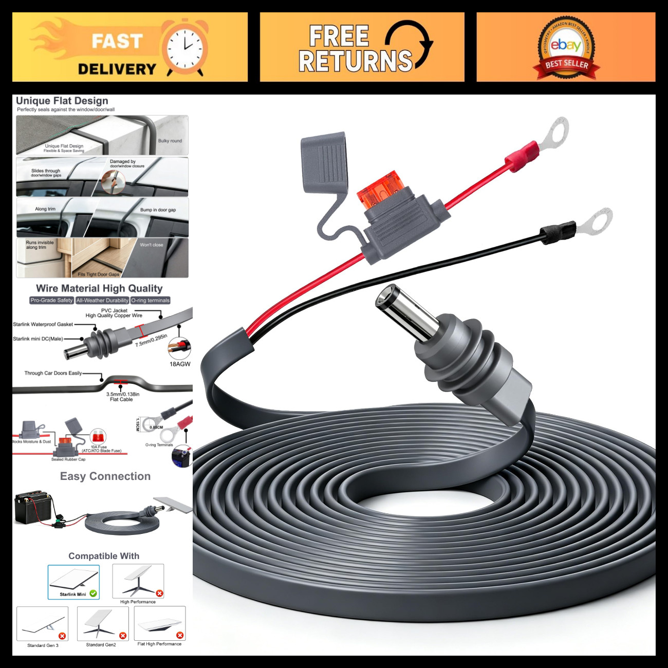Flexible Flat DC Power Cable 16.4FT for Starlink Mini, Waterproof Fuse Holder, 1