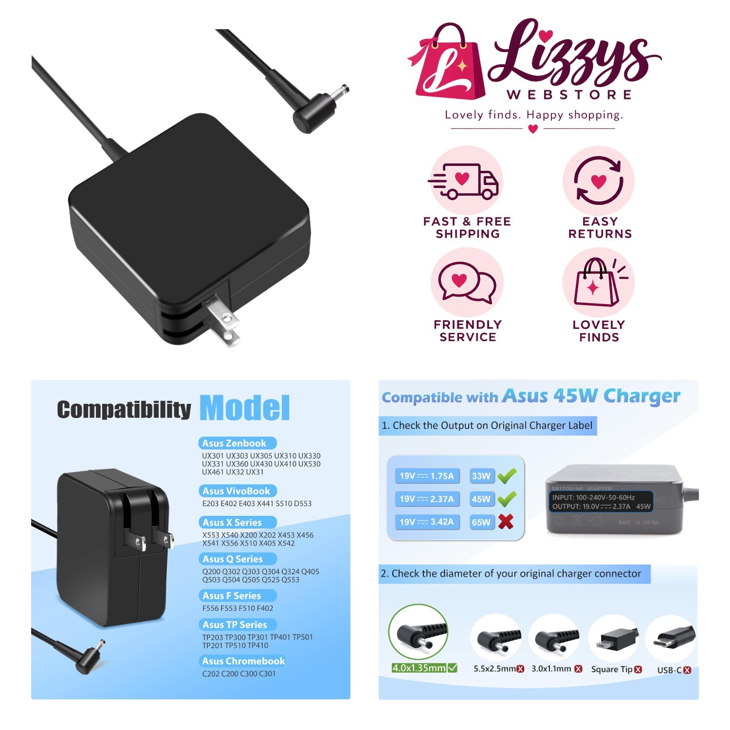 Versatile 65W ASUS Laptop Charger with Proprietary Connector and USB Ports