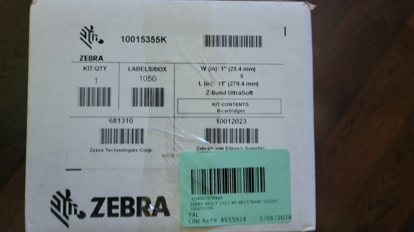 6 Pk Zebra  10015355K   1"×11" Adult Z-Band UltraSoft Wristband Cartridge White