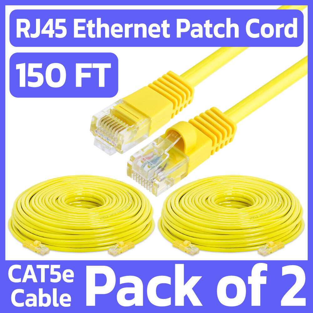 2 Pack Cat5e Patch Cord Yellow 150 Feet Lan Ethernet Cable Network Internet RJ45