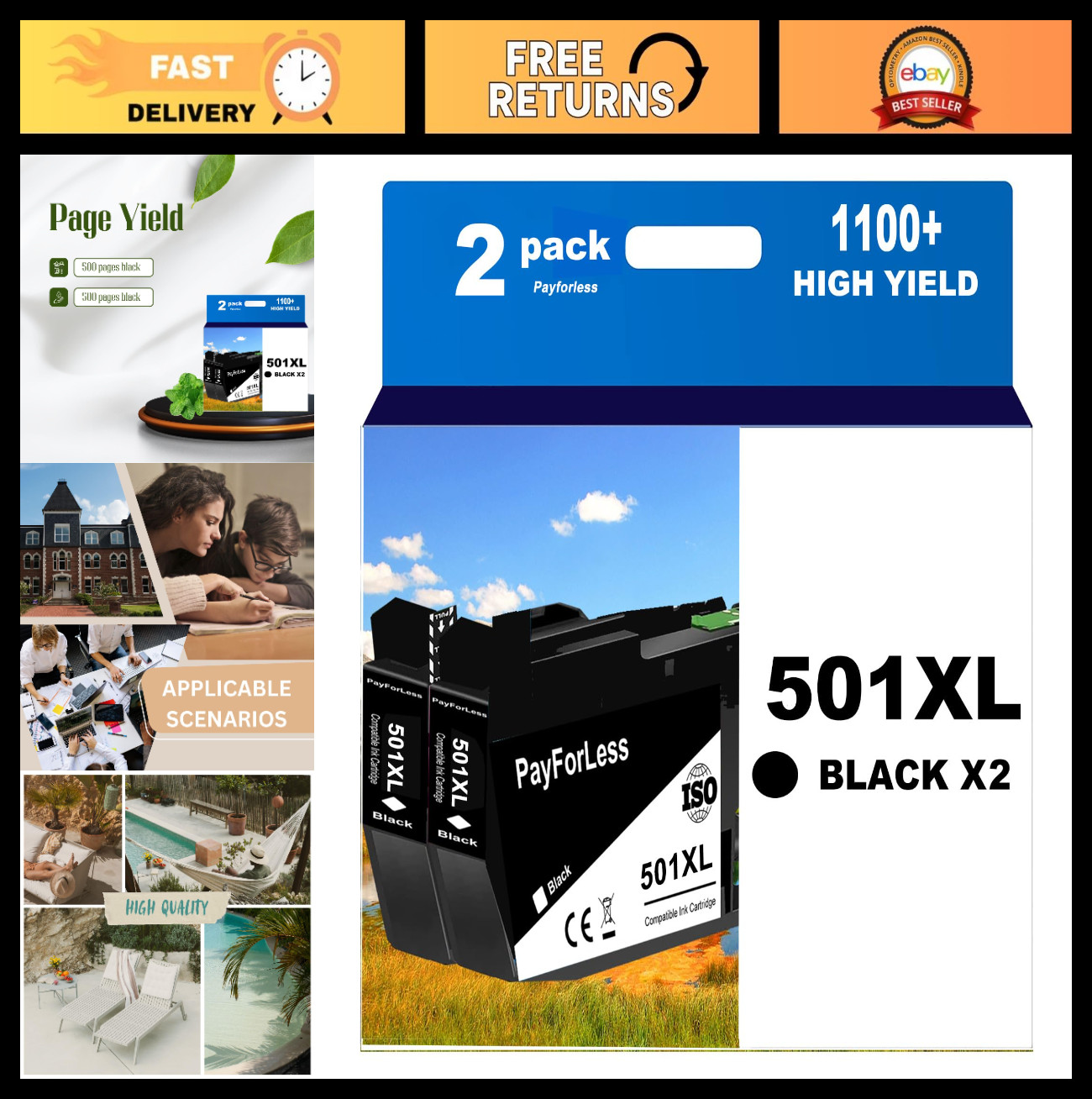 High-Quality Ink Cartridges Compatible with Brother LC501 & 501XL - 2 Black Pack