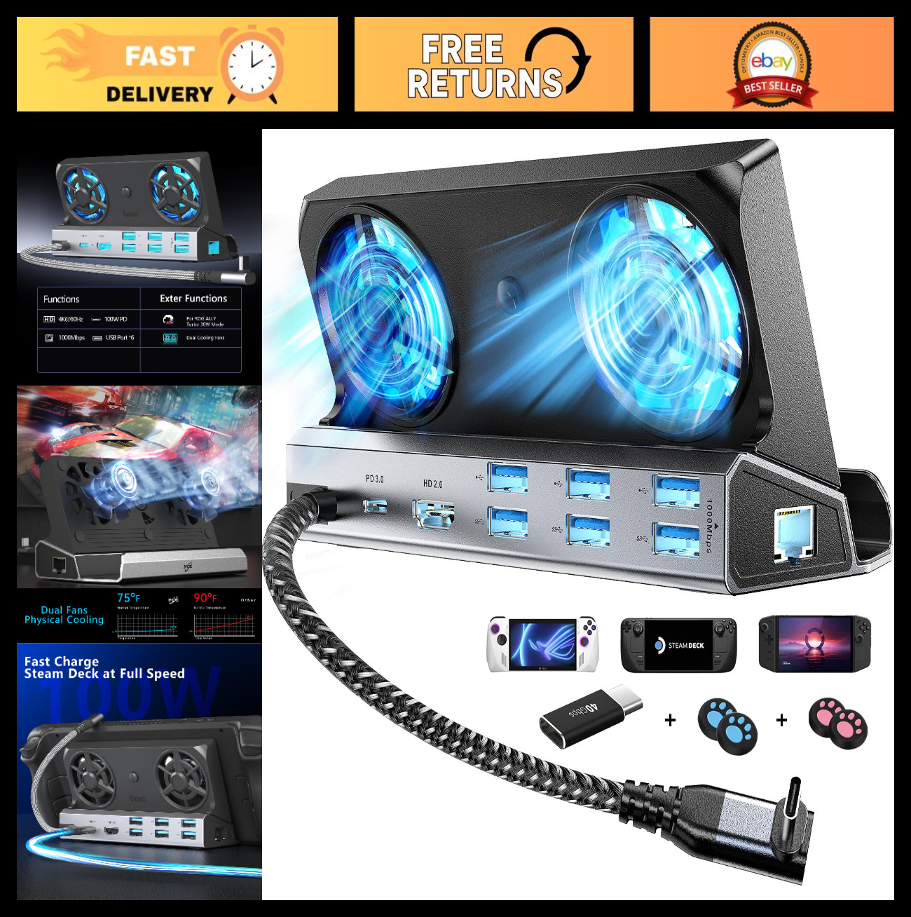 12-in-1 Dual Fan Dock for Steam Deck, Switch 2, Asus ROG Ally & Lenovo Legion Go