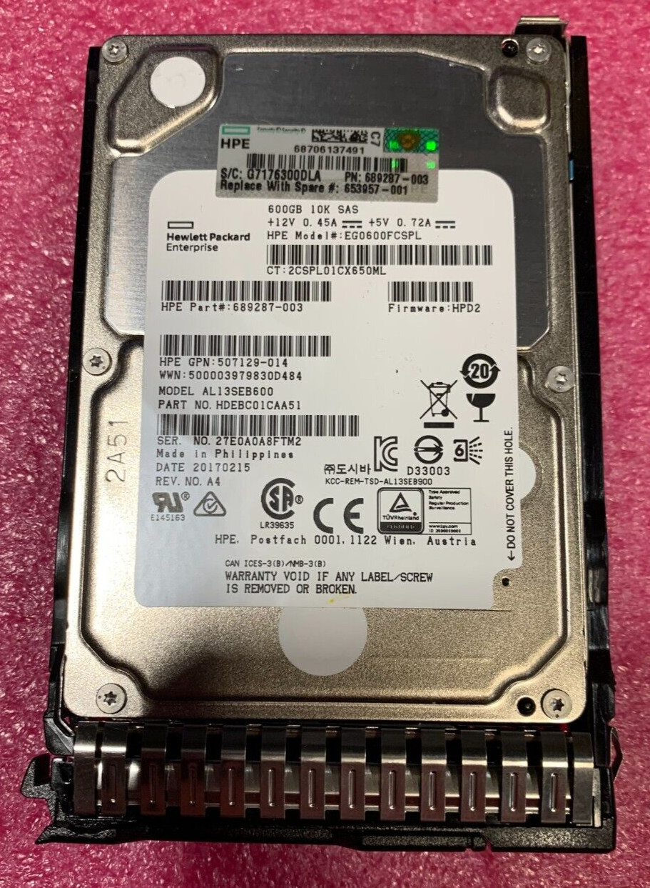 HP 600GB 10K SAS 2.5in SFF Server HDD EG0600FCSPL 689287-003 G8 G9 Tray