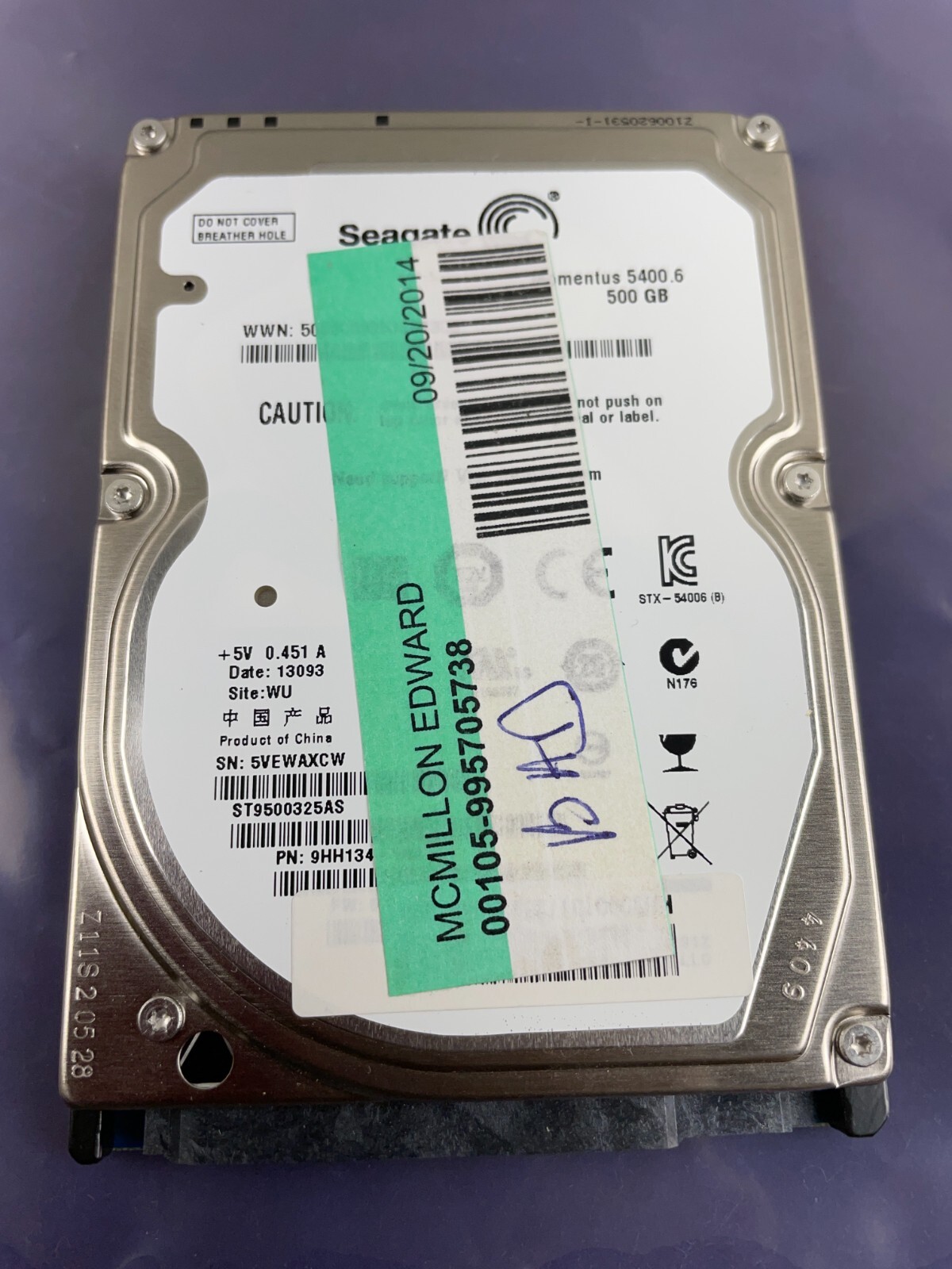 Seagate Momentus ST9500325AS 500GB 8MB SATA 3GB/s 5400RPM Laptop HDD 9HH134-022 