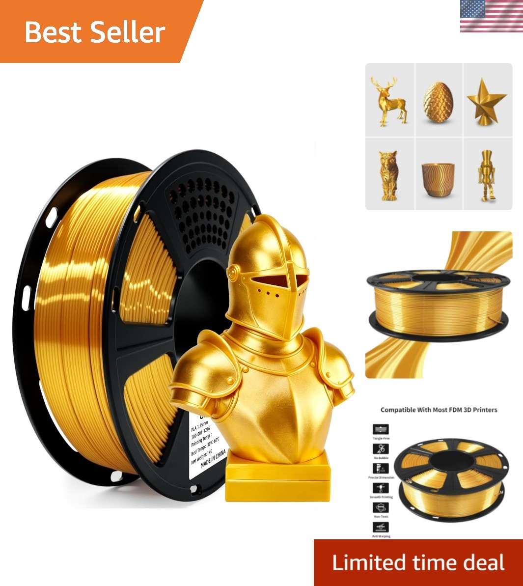 Vibrant Silk Gold PLA Filament 1.75mm, 1KG Spool for High-Quality 3D Production