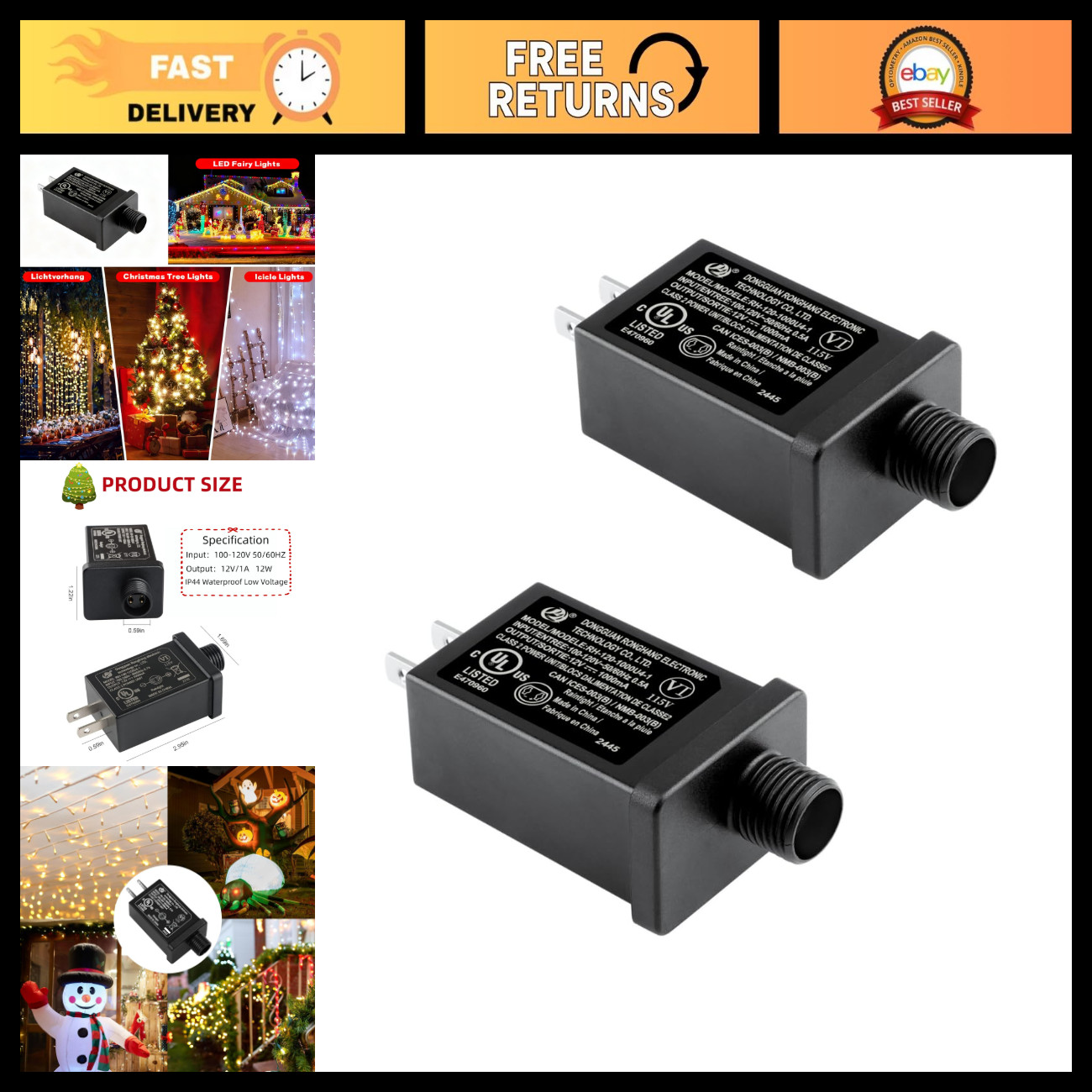 2PCS 12V Inflatable Adapter Power Supply - Waterproof Plug for LED Lights & Deco