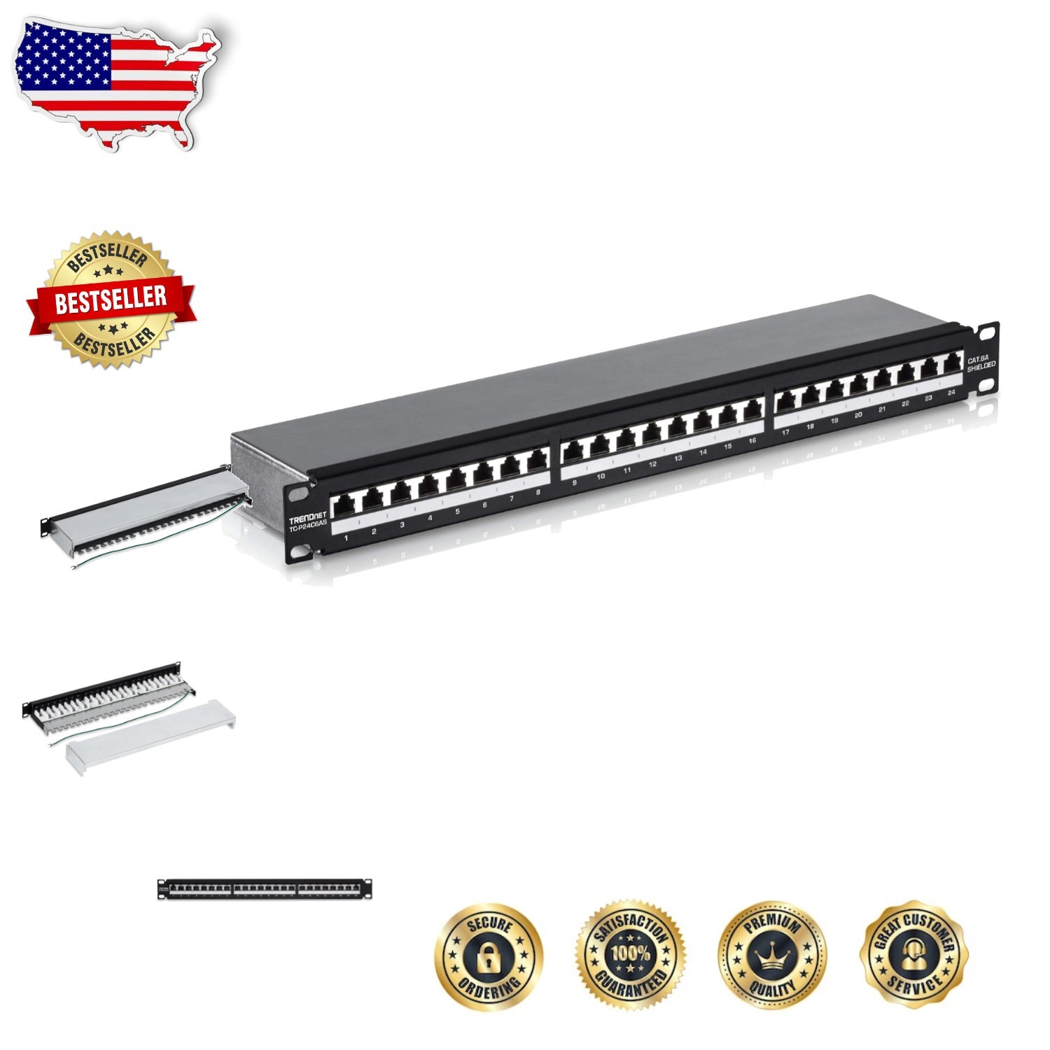 High-Performance 24-Port Cat6A Shielded Patch Panel, 10G Ethernet, Gold Contacts