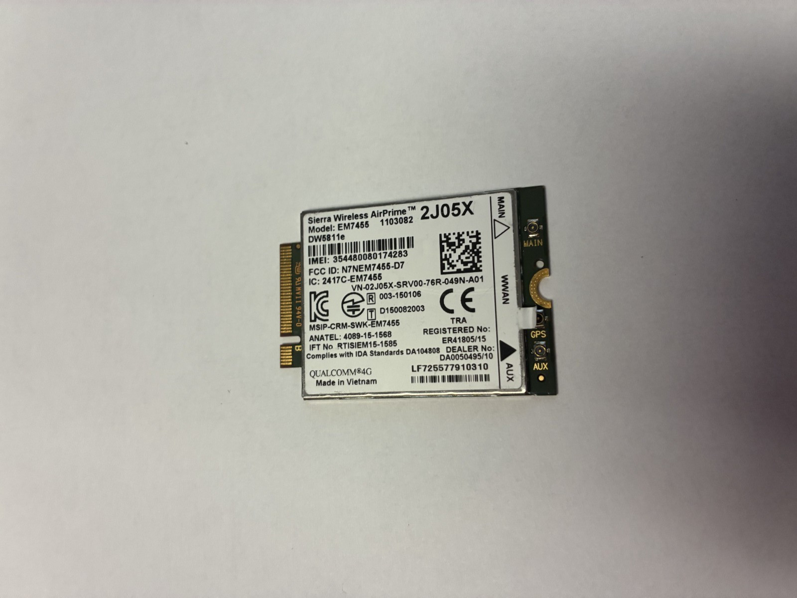 2J05X Dell Sierra Wireless DW5811E EM7455 Qualcomm WWAN NGFF Card REV A02 02J05X