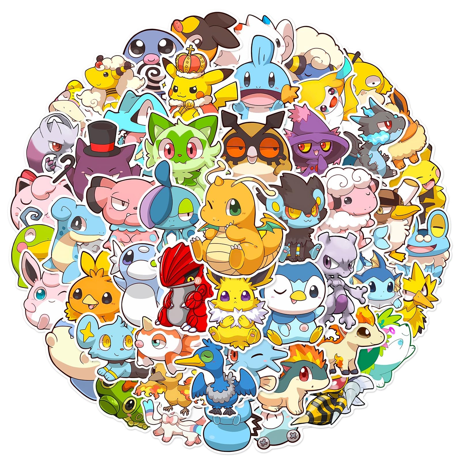 50pcs Cute Pokemon Cartoon Stickers for Water Bottle, 2-3.5 inches, Black