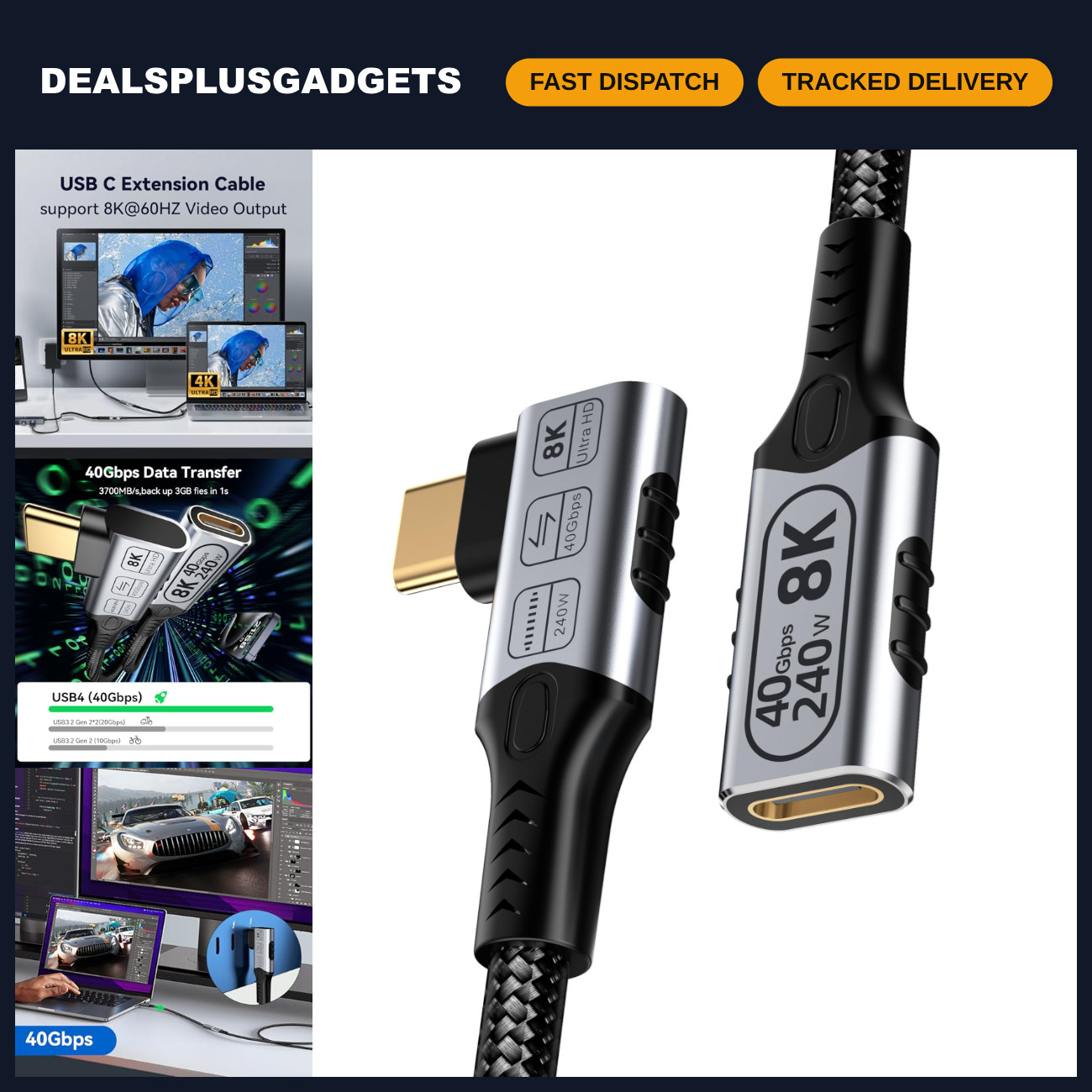 2FT Right Angle USB C Extension Cable - 40Gbps Data Transfer, 8K/4K Video, 240W