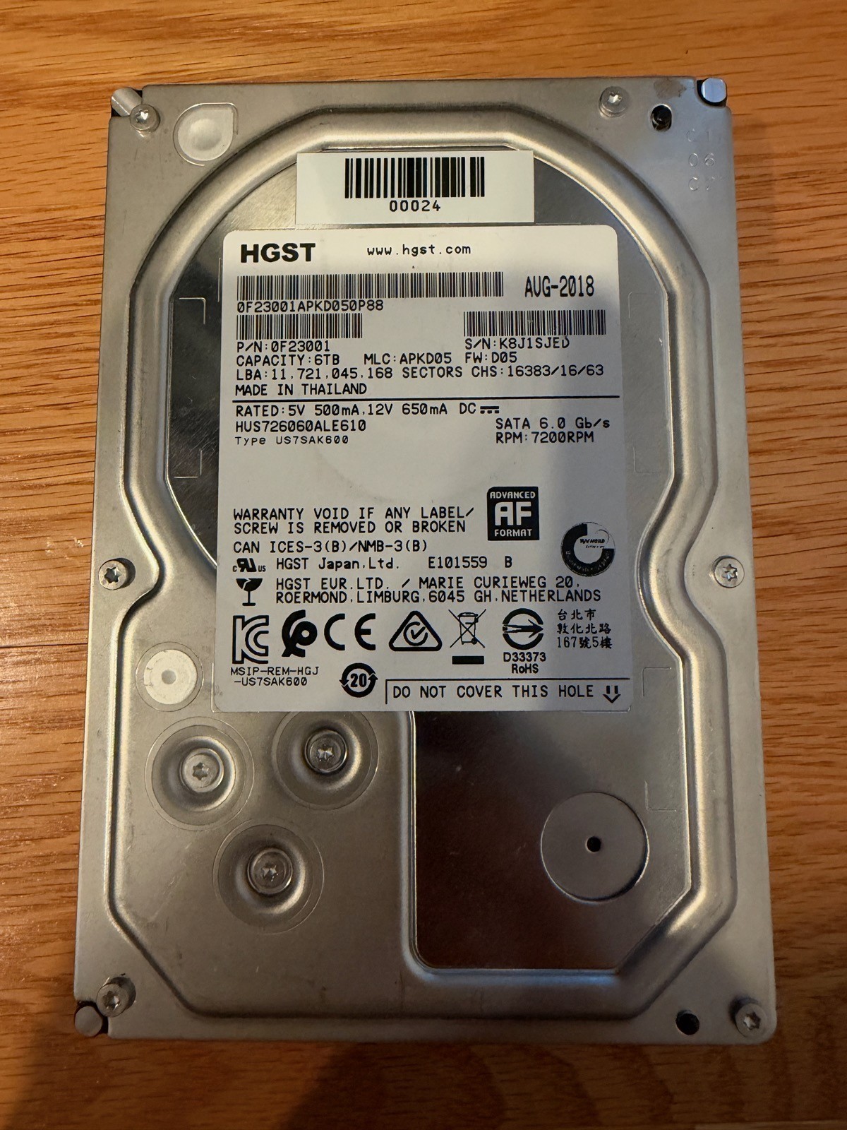 HGST Ultrastar 7K6000 6TB 3.5" SATA 6Gb/s 7200RPM HDD HUS726060ALE610 0F23001