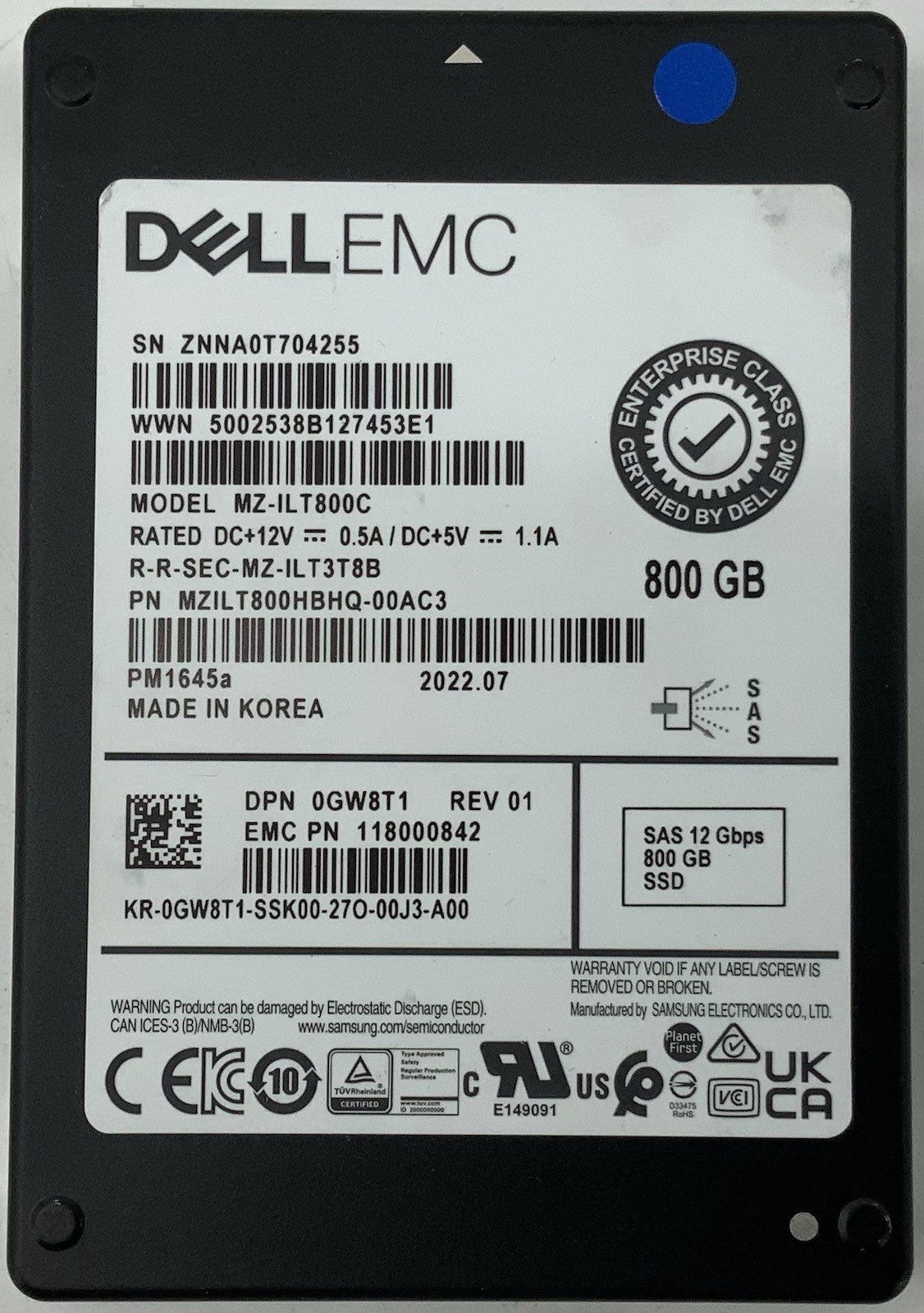 Samsung Dell EMC PM1645a 800GB SAS 12Gb/s 2.5" SSD MZILT800HBHQ-00AC3 MZ-ILT800C