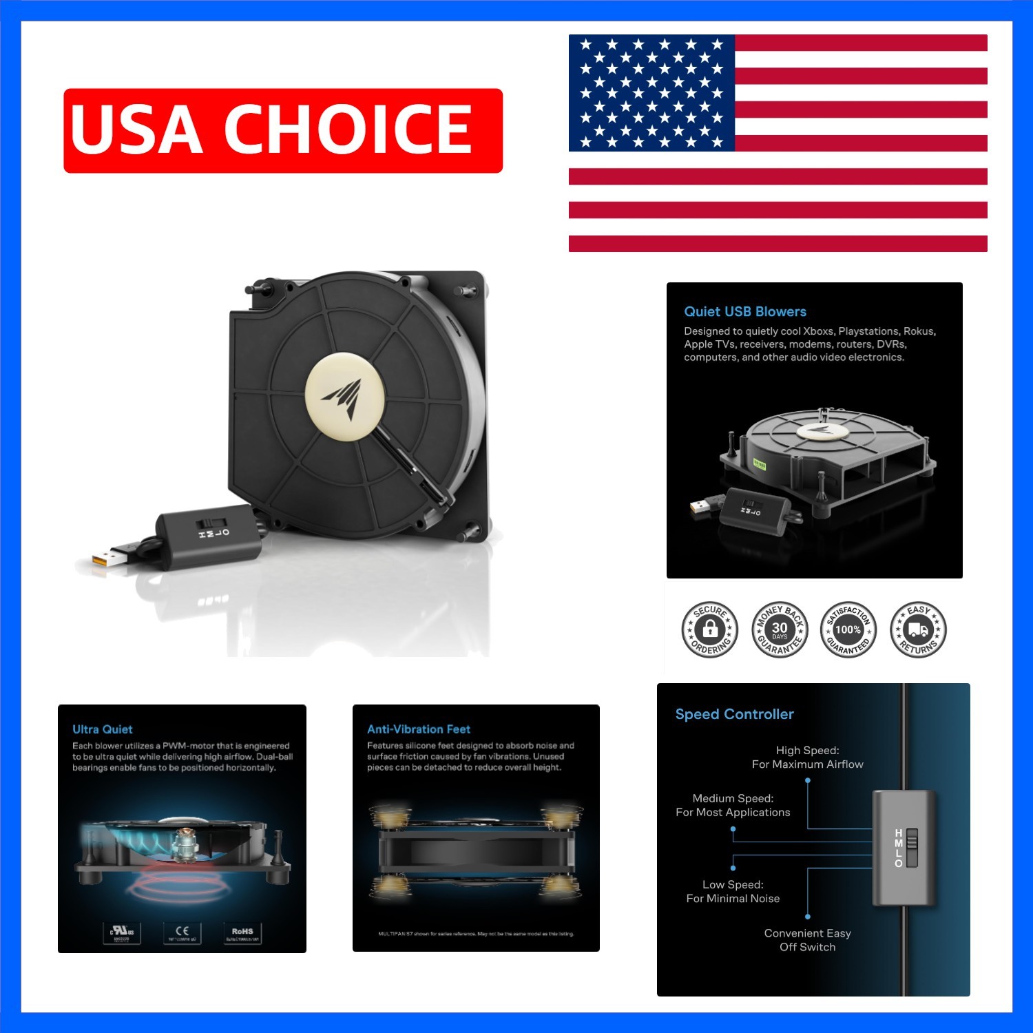 MULTIFAN S2, Quiet 120mm USB Blower Fan with Speed Control, -Certified for Re...