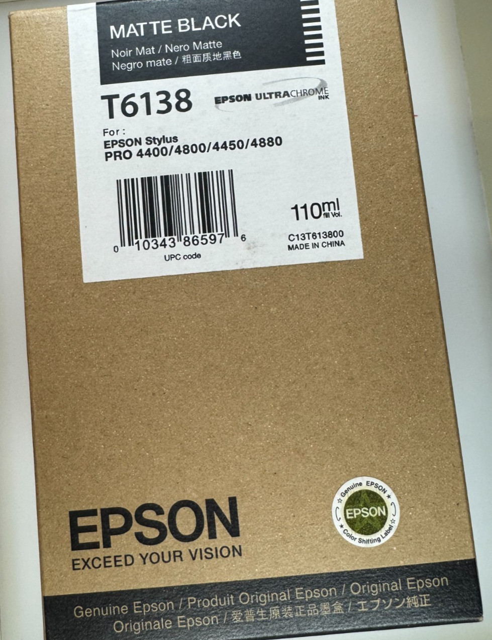 10-2014 NIB 110ML GENUINE EPSON T6138 MATTE BLACK INK STYLUS 4400 4800 4450 4880
