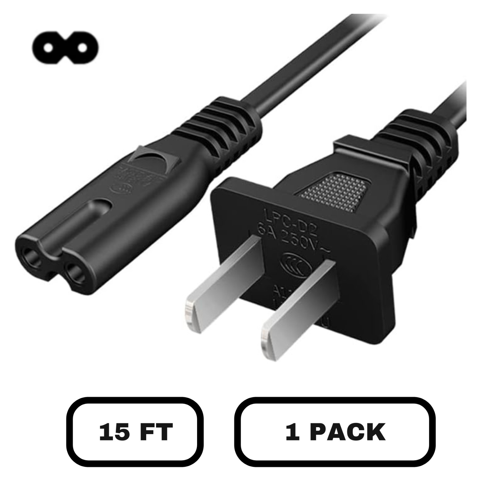 Lot of 1-100 2 Prong AC Power Cord Cable 15 FT Figure 8 Standard 2 Slot, Black