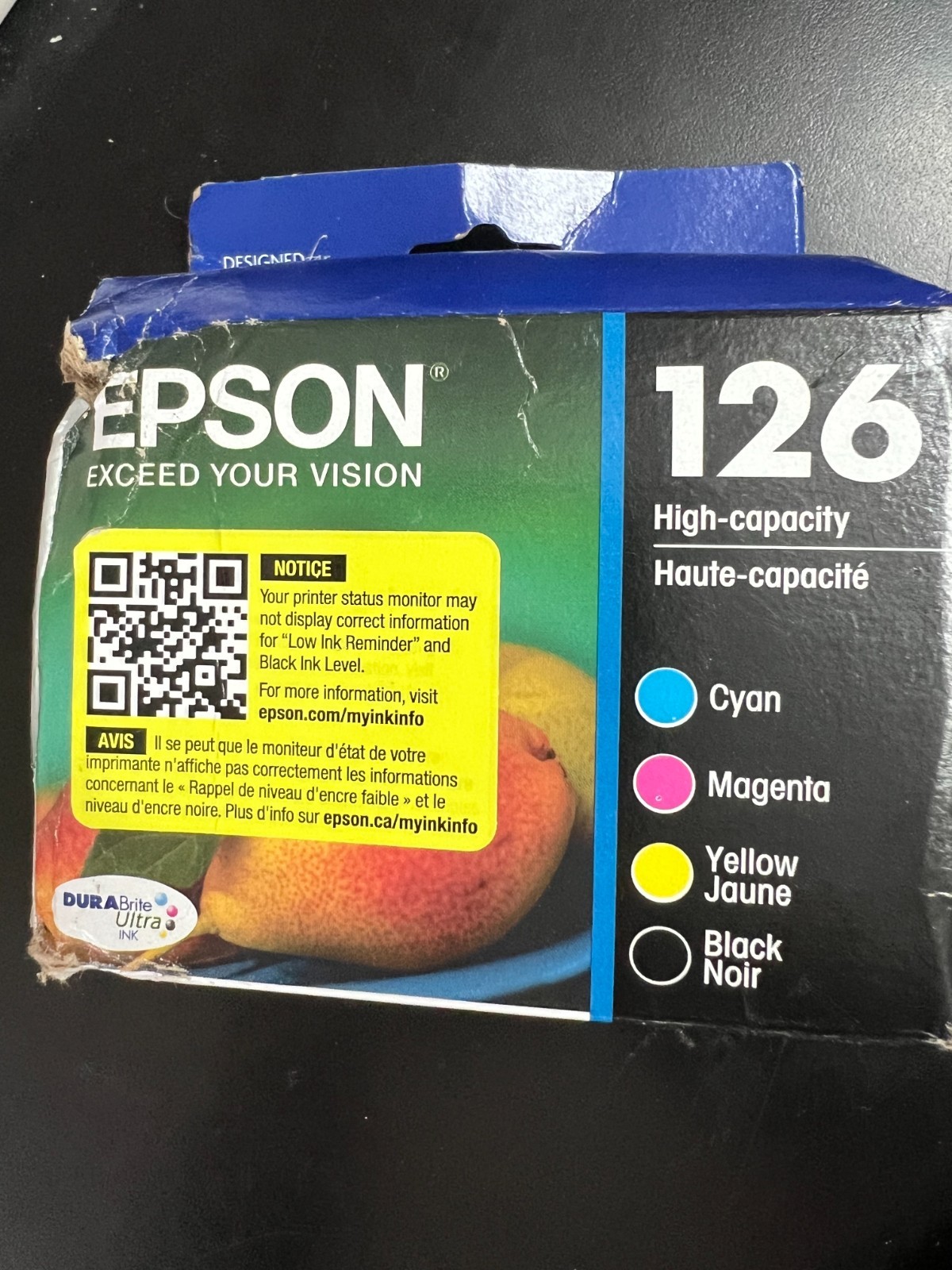 Epson 126 T126120-BCS Black/Cyan/Magenta/Yellow Ink Cartridges Ex 9/26 4056/OB