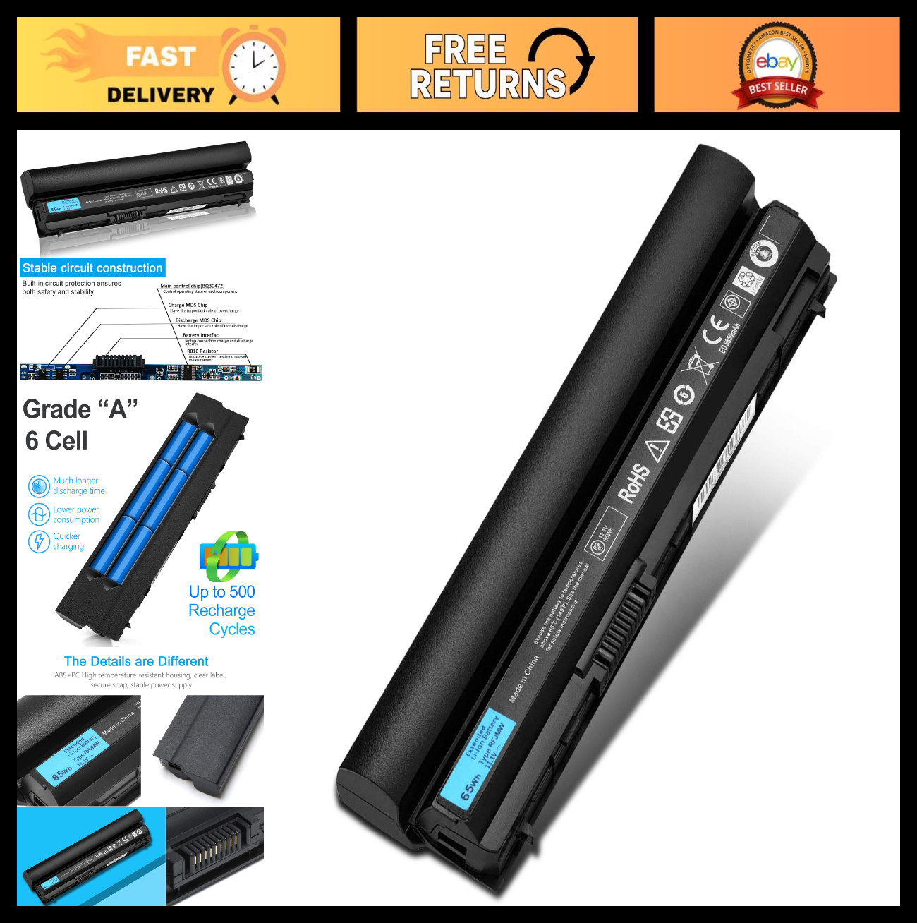 65Wh Laptop Battery for Dell Latitude E6120 E6230 E6320 E6430s - High Capacity R