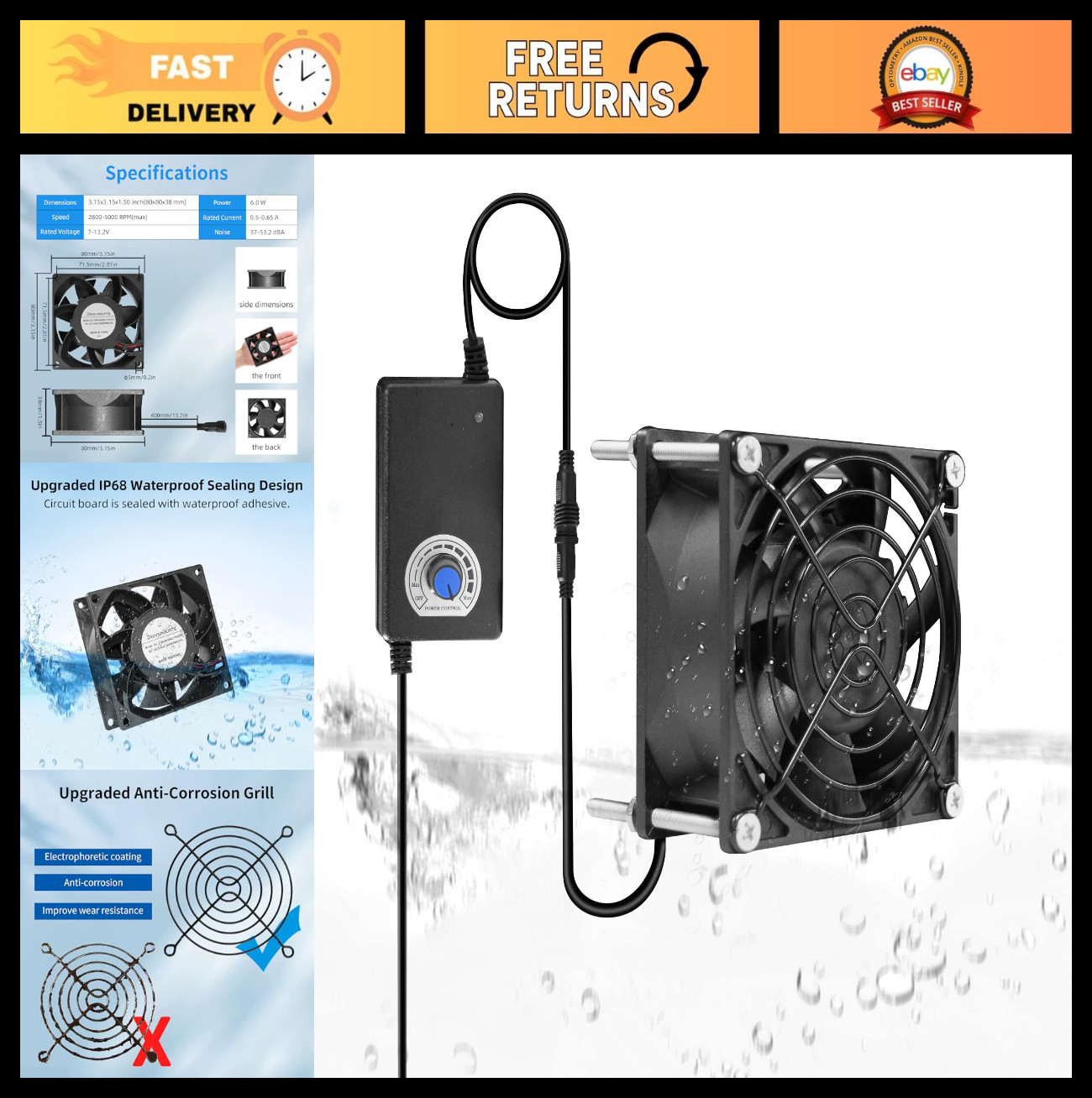 80mm Dual Ball Cooling Fan - IP68 Waterproof, 5000RPM, Stepless Speed Control fo