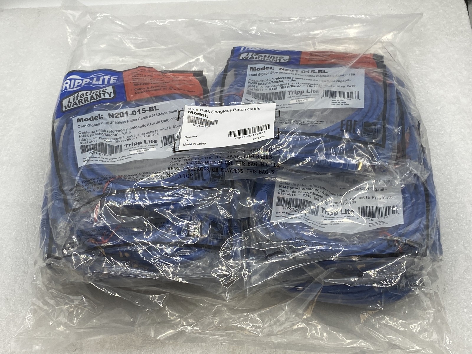 NEW (QTY 10) TRIPP LITE N201-015-BL CAT 6 GIGABIT BLUE SNAGLESS PATCH CABLE 3 FT