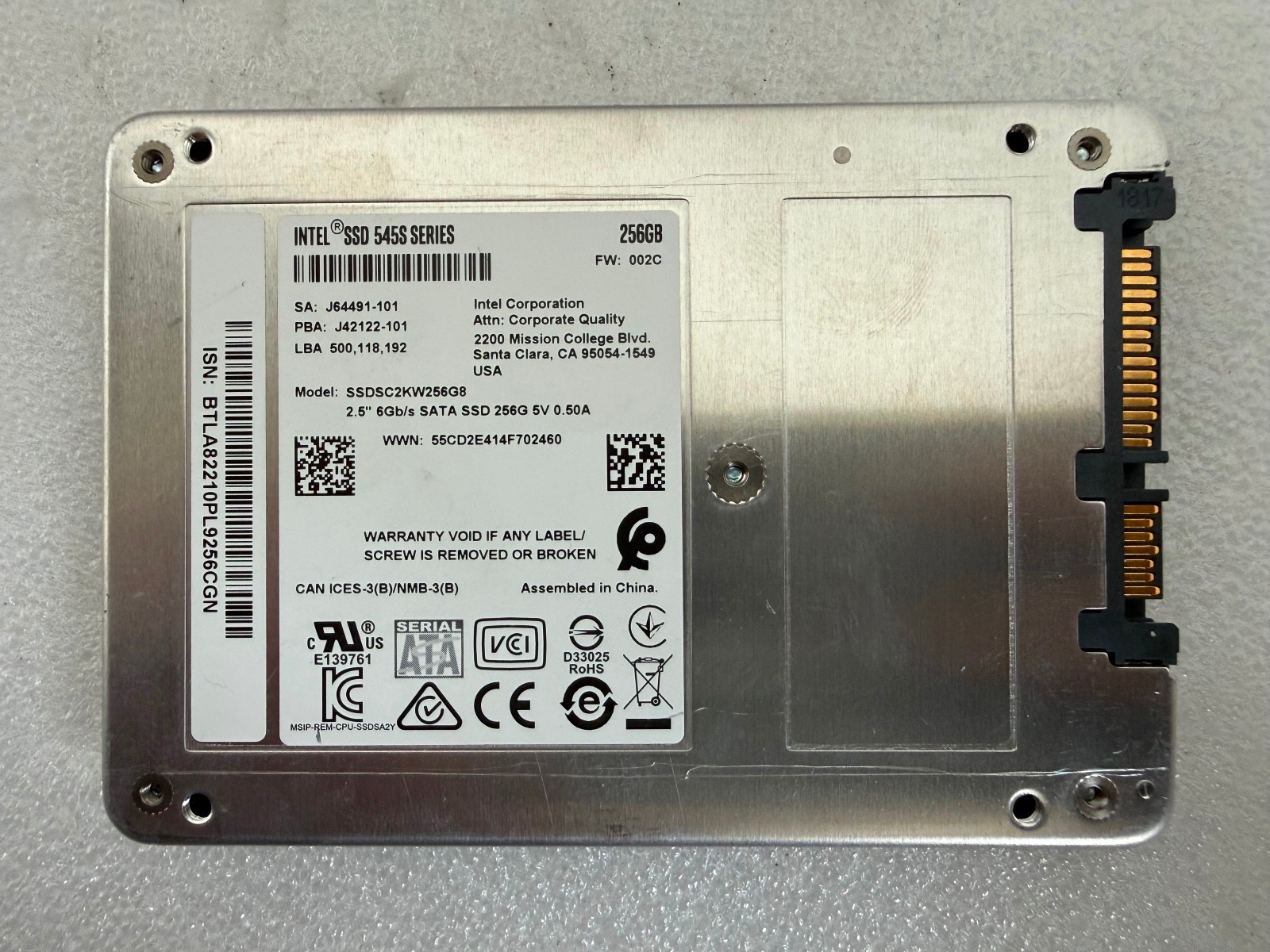 Intel 545s Series 256GB 2.5" SATA III 6Gb/s SSD SSDSC2KW256G8