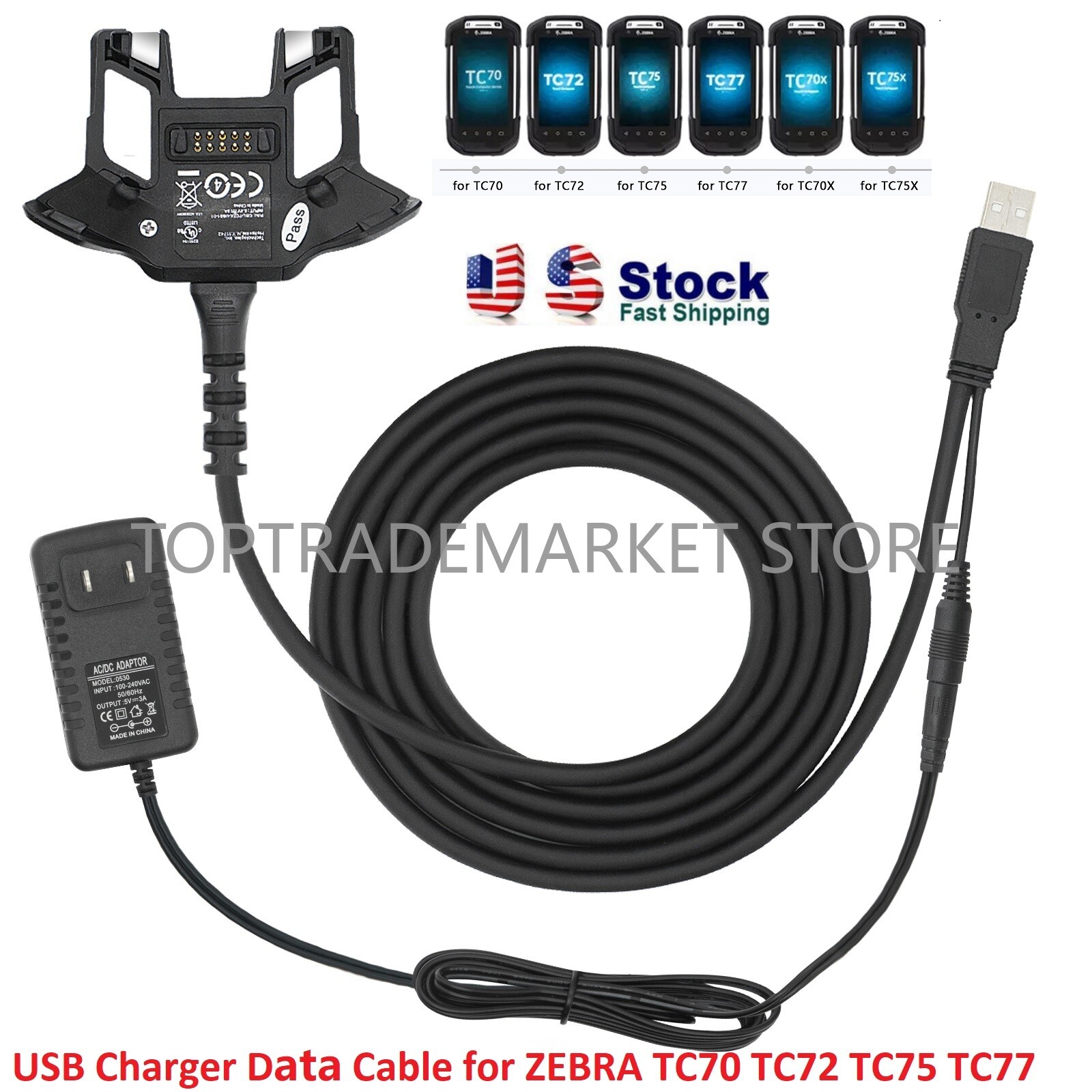 US New USB Data cable Charger Cable for Zebra TC70 TC75 TC72 77 CBL-TC7X-USB1-01