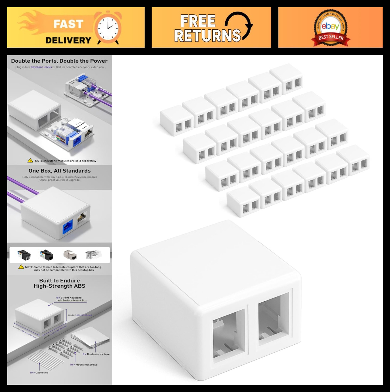 2-Port RJ45 Surface Mount Box for Cat6 Keystone Jacks - 25-Pack, Network Cable A