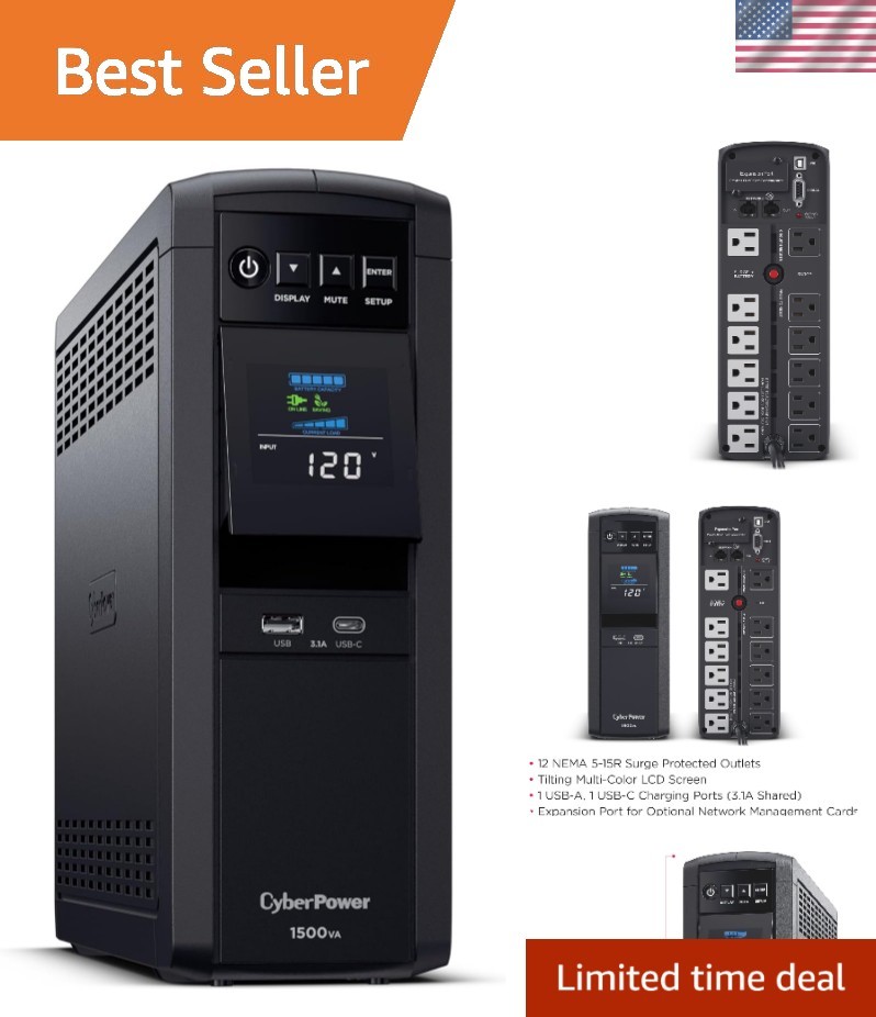 Compact 1500VA/1000W UPS with LCD Display and 12 Outlets - CyberPower Mini Tower