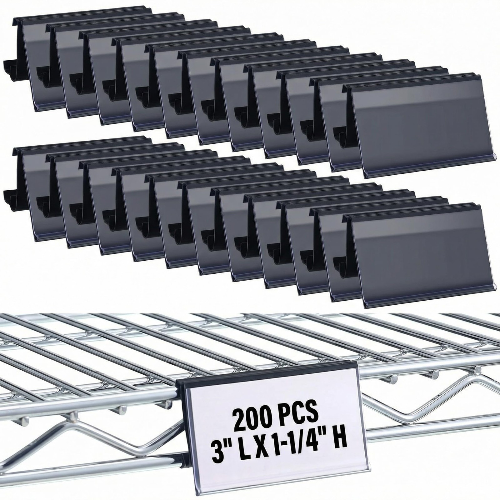200 Pcs Black Wire Shelf Label Holders for Metro Shelves 3" L x 1.25" H