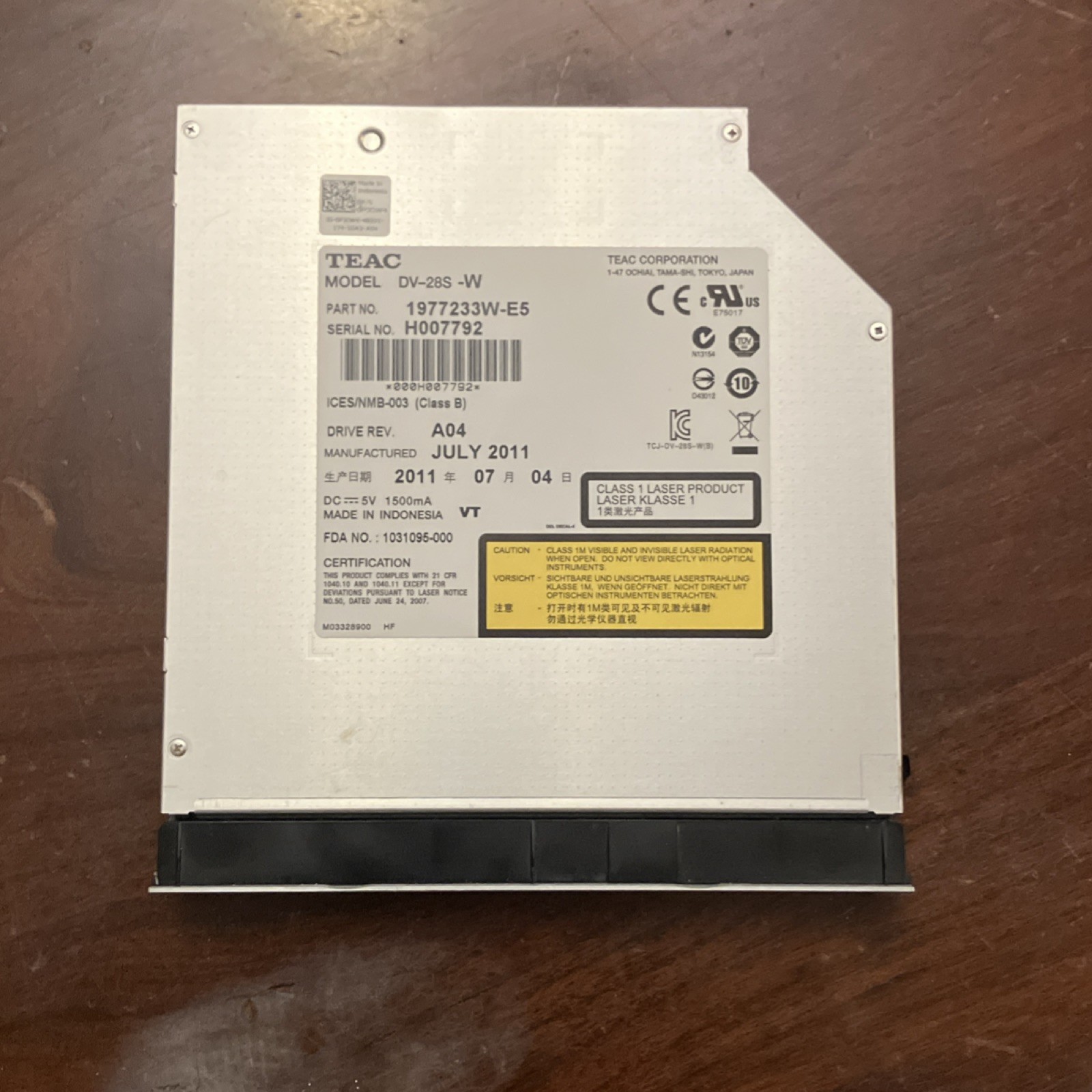 TEAC DV-28S-W Internal Laptop DVD-ROM CD-ROM Drive 1977233W-E5 Silver Black