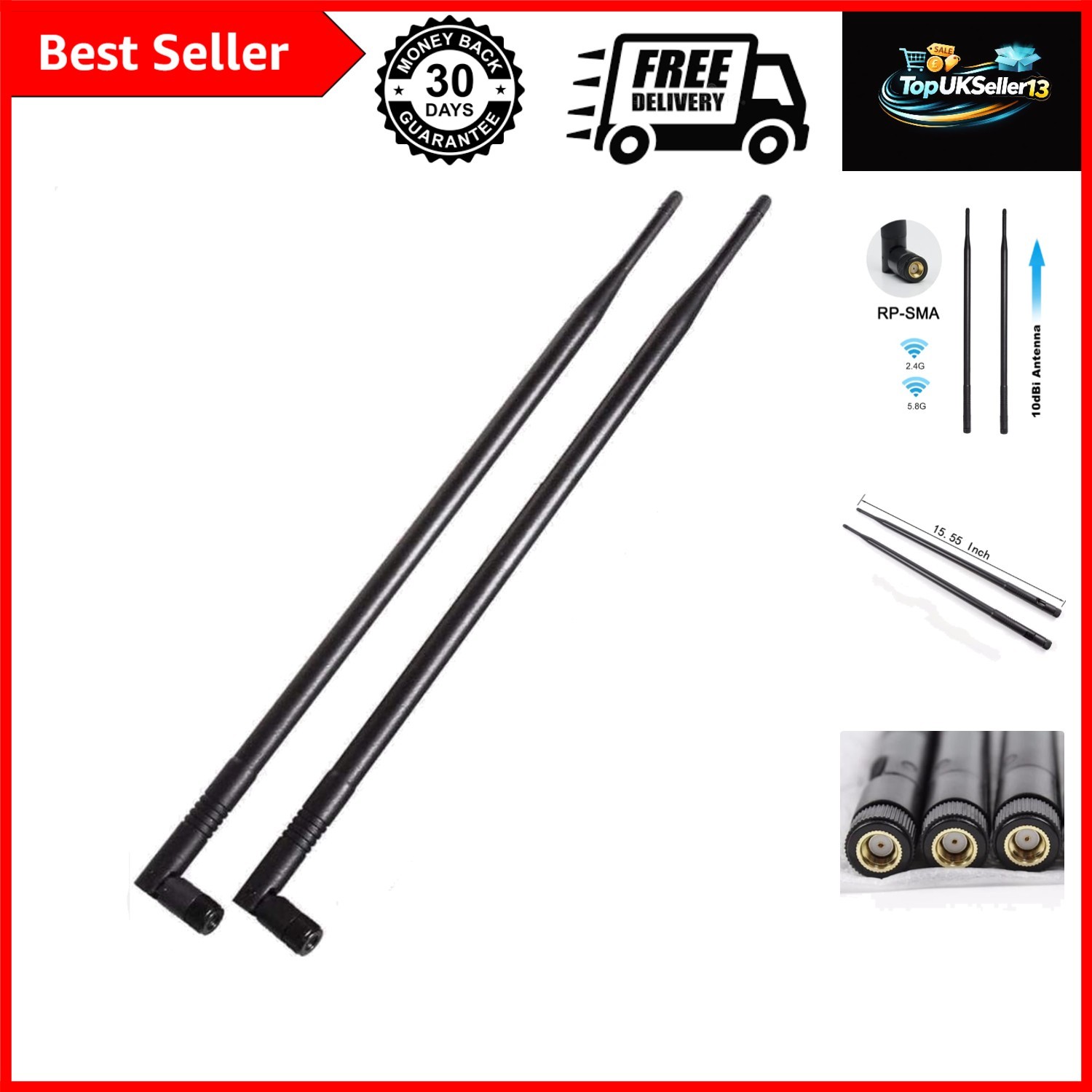 1.3ft 2x 10dBi WiFi Bluetooth Antenna 2.4GHz/5GHz/5.8GHz Tri-Band Omni Direct...