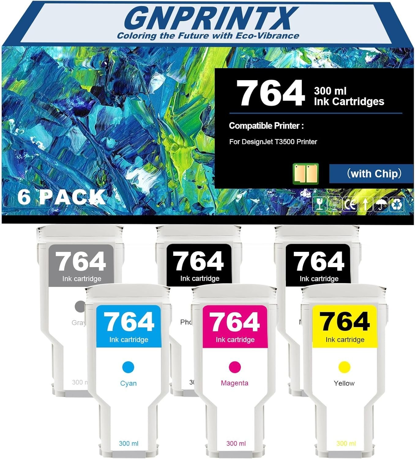 6 Pack 764 Smart-Auto Ink Cartridge for DesignJet T3500 Printer (300ml)