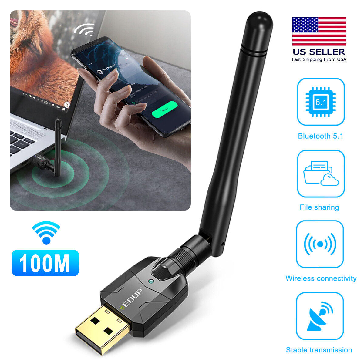USB Bluetooth 5.1 Adapter 100M Long Range Bluetooth Dongle EDR For PC&Desktop ~