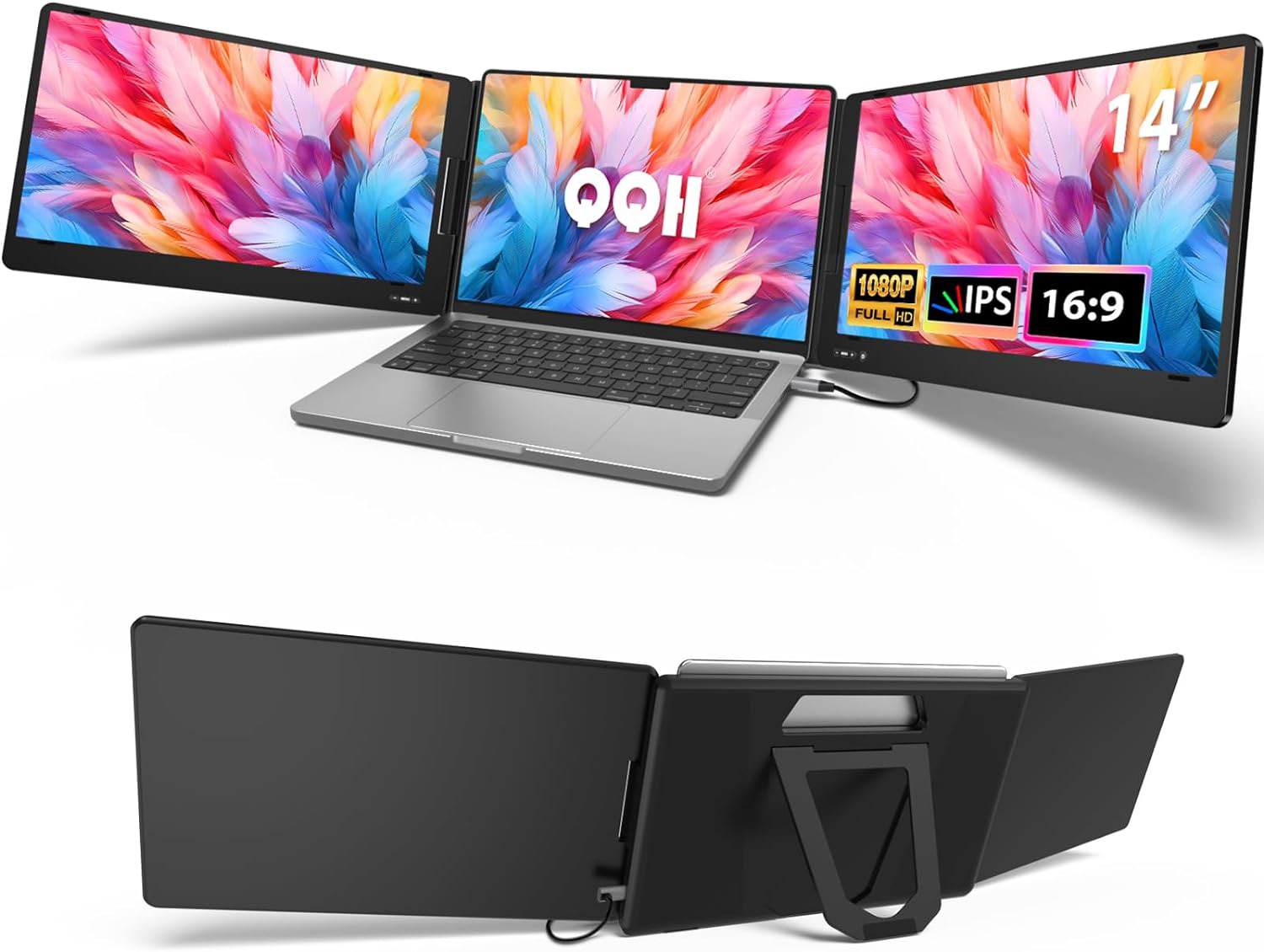 QQH Triple Portable Monitor, 14” FHD 1080P IPS Laptop Screen Extender with Alloy