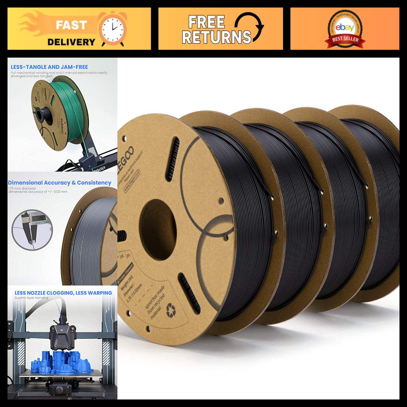 High-Quality 1.75mm Black PLA 3D Printer Filament - 4KG Spool for Printing
