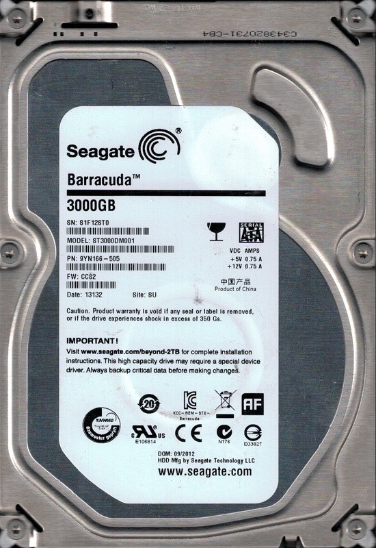ST3000DM001 P/N: 9YN166-505 F/W: CC82 SU S1F Seagate 3TB
