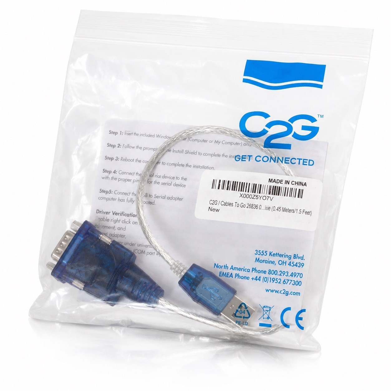 Cables To Go 26886 USB to Serial Adapter (USB-A to DB9) – New Factory Sealed