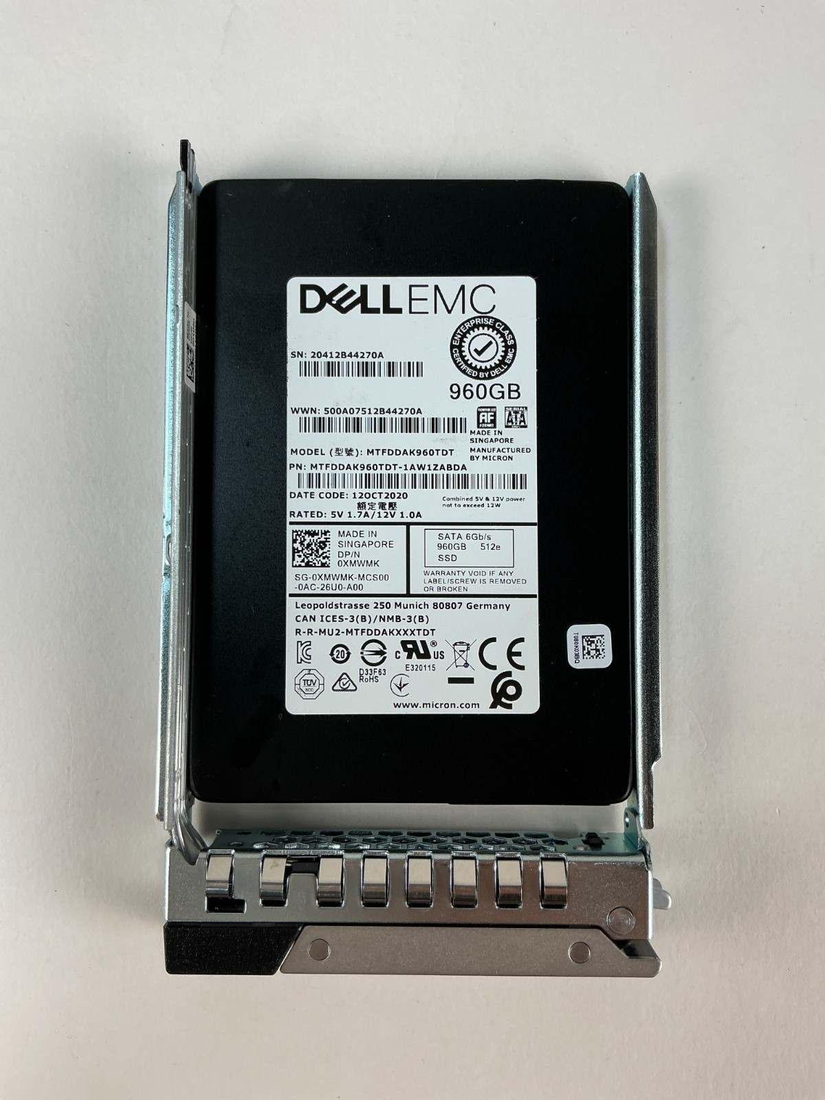 Dell EMC 960GB SATA 6Gbps 2.5in' Enterprise SSD MTFDDAK960TDT 0XMWMK & Caddy