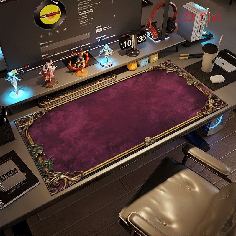 1 Large E-sports Gaming Mouse Pad, With A Burgundy Base And Gold-edged Retro D