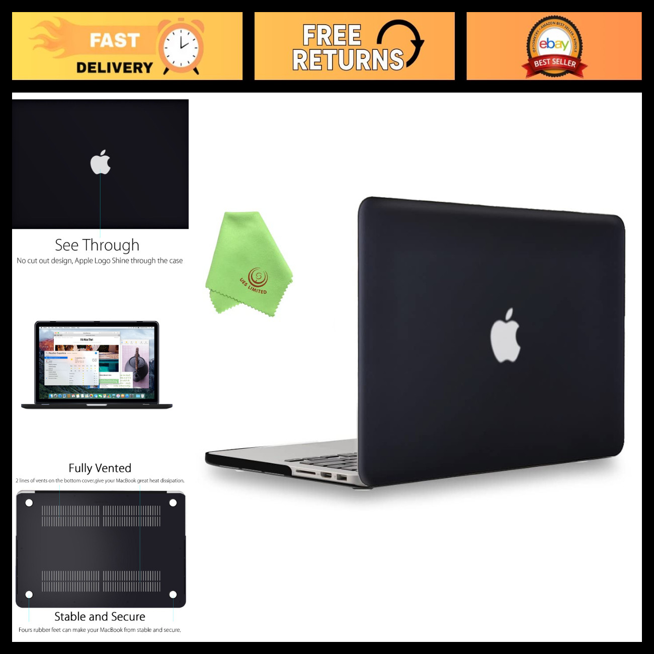 MacBook Pro 15" Retina Case (2012-2015) - Sleek Black Hard Shell Cover, Durable
