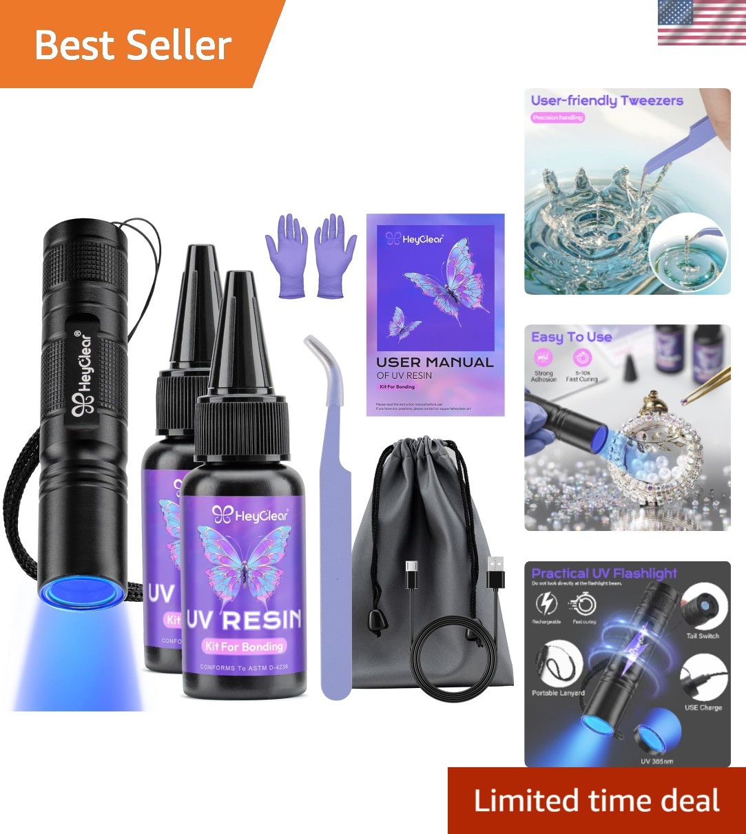 60G UV Resin Kit with Light -Fast Curing, Bonding in Seconds UV Glue Adhesive wi