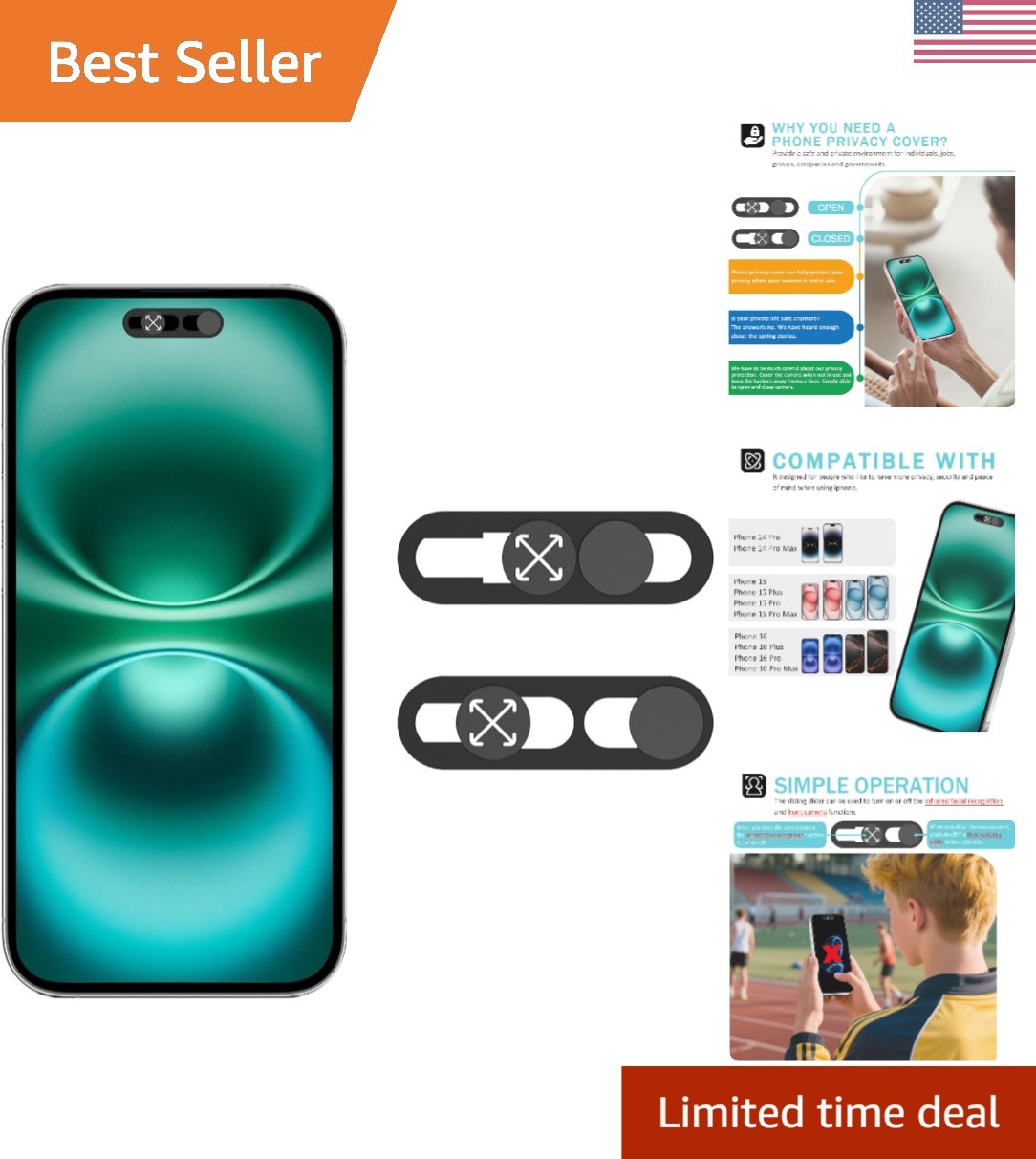Ultra-Thin Black Front Camera Cover for iPhone 14/15/16 Series - Easy Install