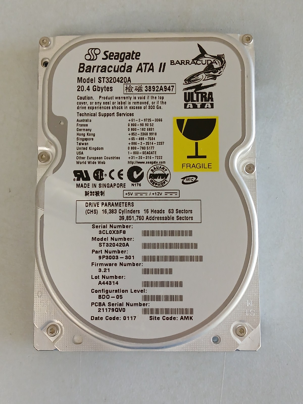 Seagate Barracuda 20.4 GB Hard Drive ST320420A Untested Preowned
