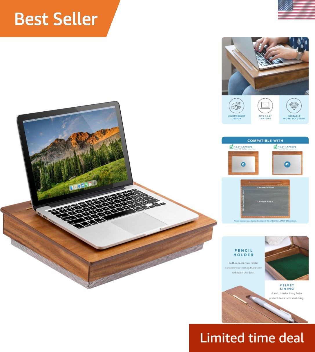 Elegant Acacia Wood Lap Desk with Storage Compartments & Cushion - 12.2" x 15.6"