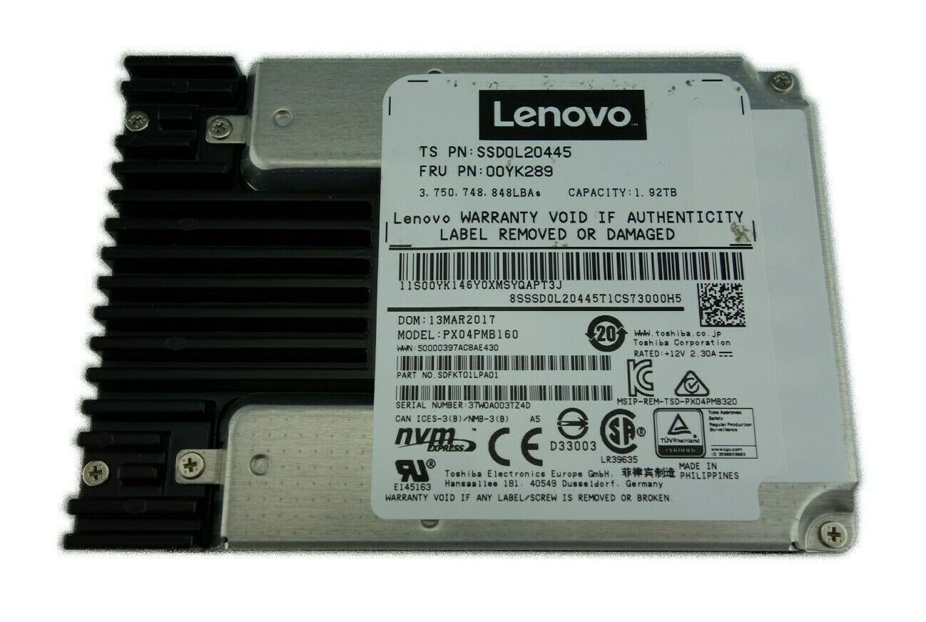 Lenovo Toshiba 1.92TB U.2 NMVe 2.5 SSD PX04PMB160 00YK289 SSD0L20445 100% Health